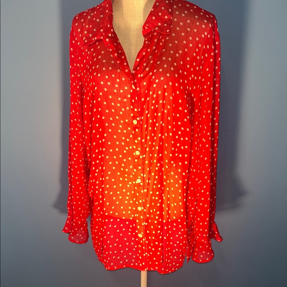 Sag Harbor Red Button Down Polka Dot Sheer Blouse, Size 2X